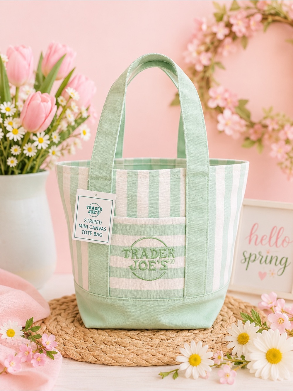 🍀 NWT Trader Joe’s Striped Mini Canvas Tote Bag | Pastel Green | Limited Edition
